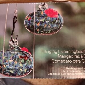 Glass Hanging Hummingbird Feeder - Blue Green with Red Accent